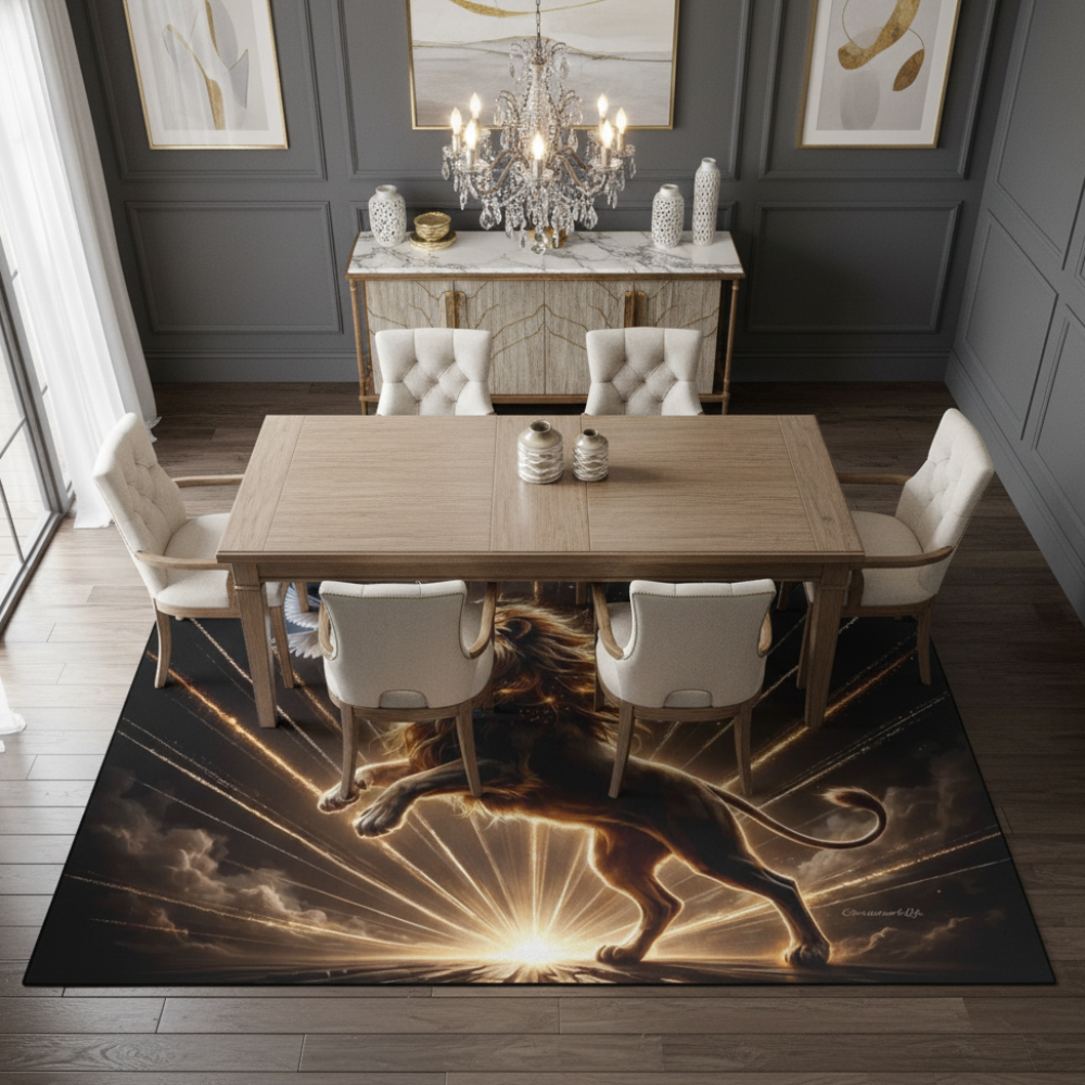 Lion of Judah and the Holy Spirit Area Rug with Golden Rays -Black Binding 84"x60"
