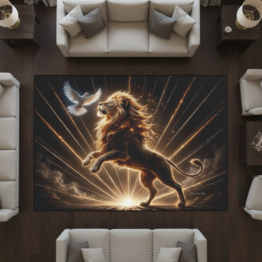 Lion of Judah and the Holy Spirit Area Rug with Golden Rays -Black Binding 84"x60"