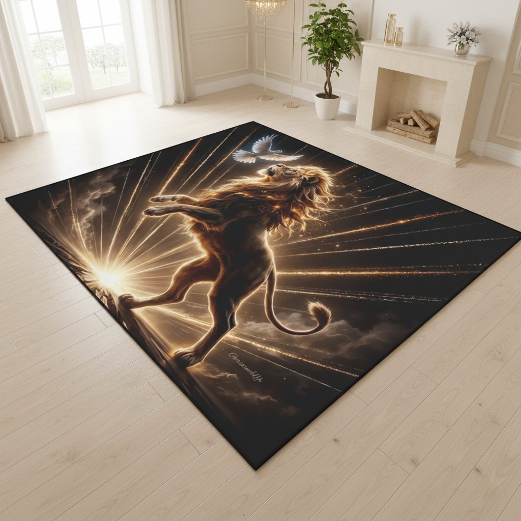 Lion of Judah and the Holy Spirit Area Rug with Golden Rays -Black Binding 84"x60"