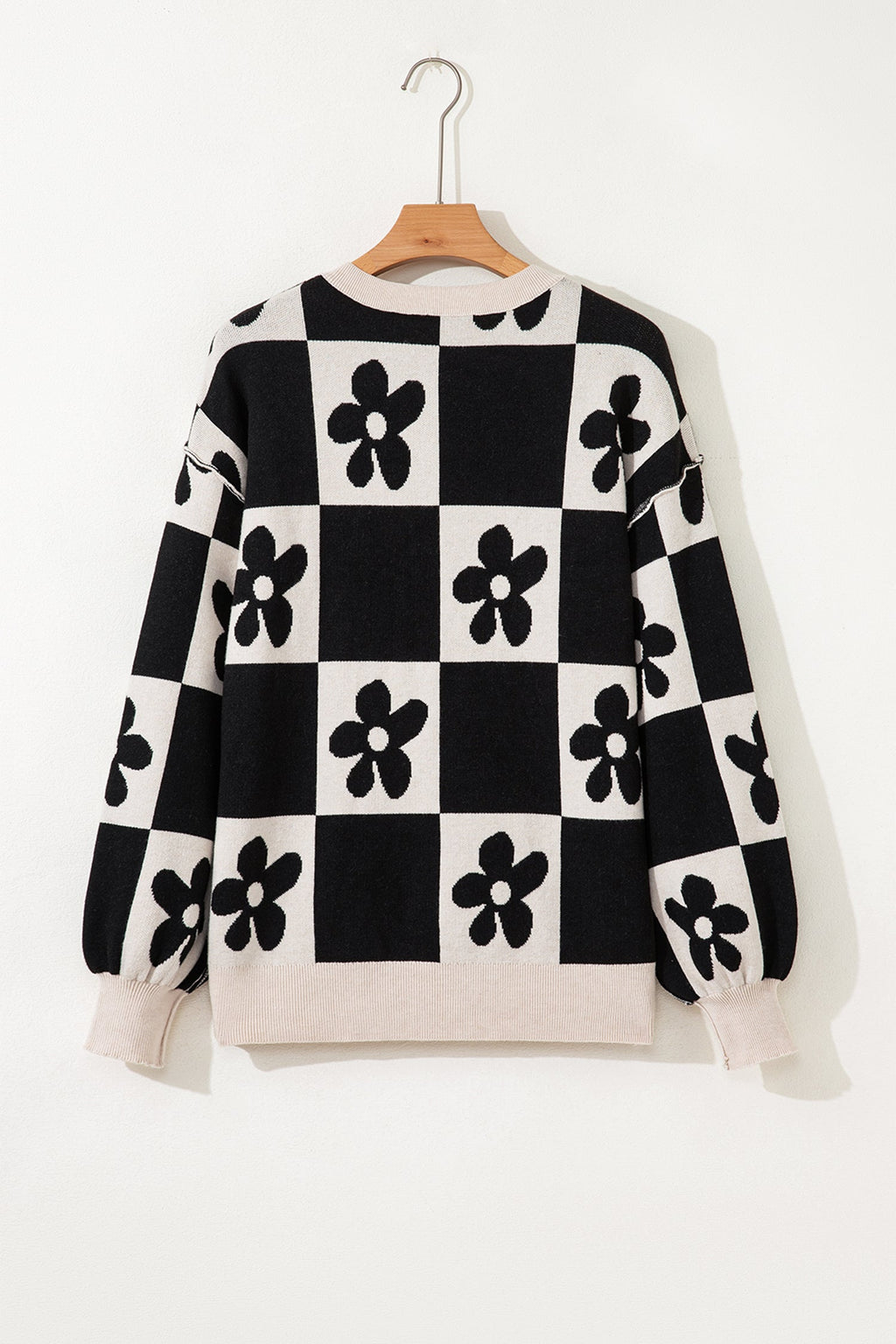 Black Flower Plaid Henley Baggy Sweater