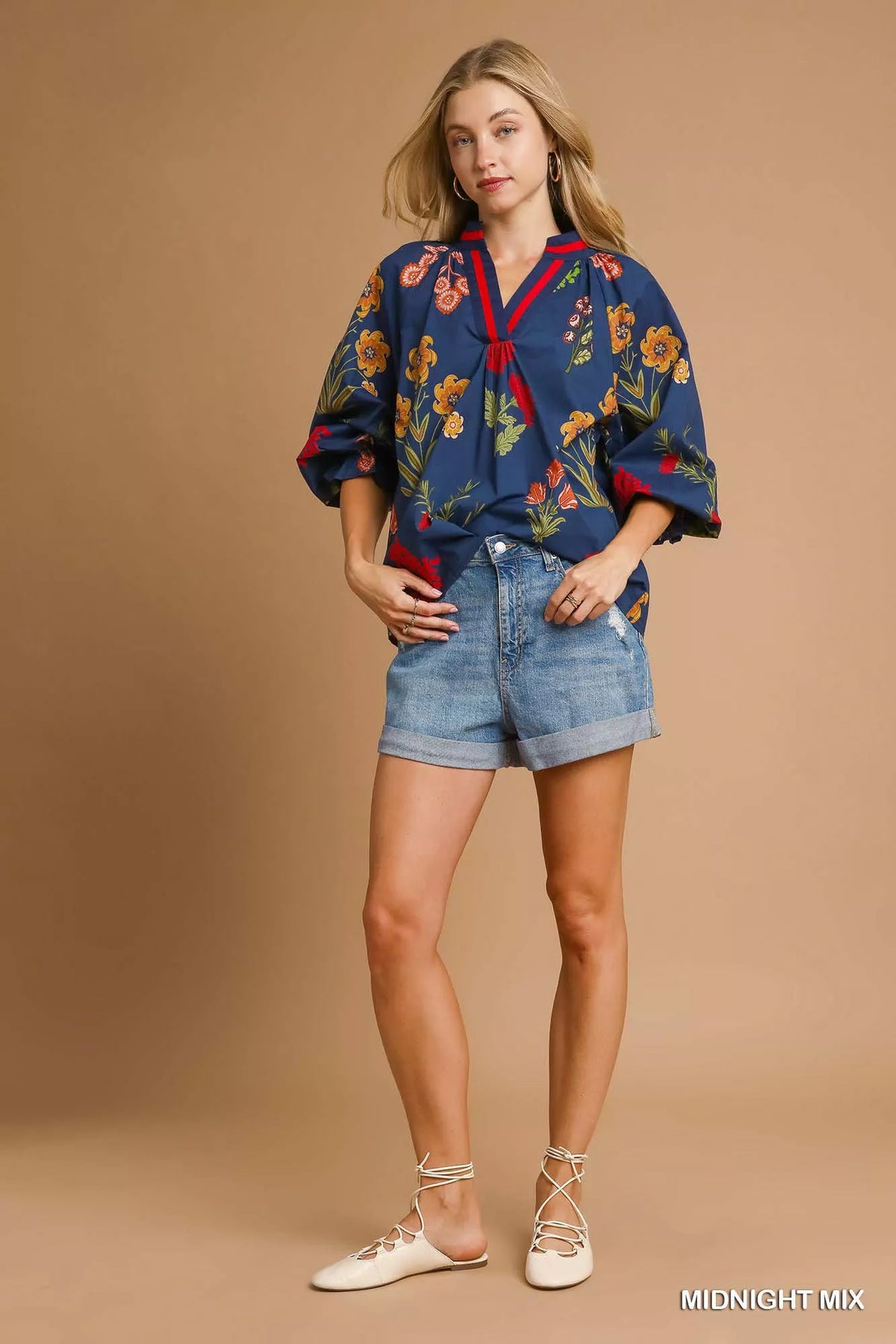 Umgee Floral Print Flounce Sleeve Blouse