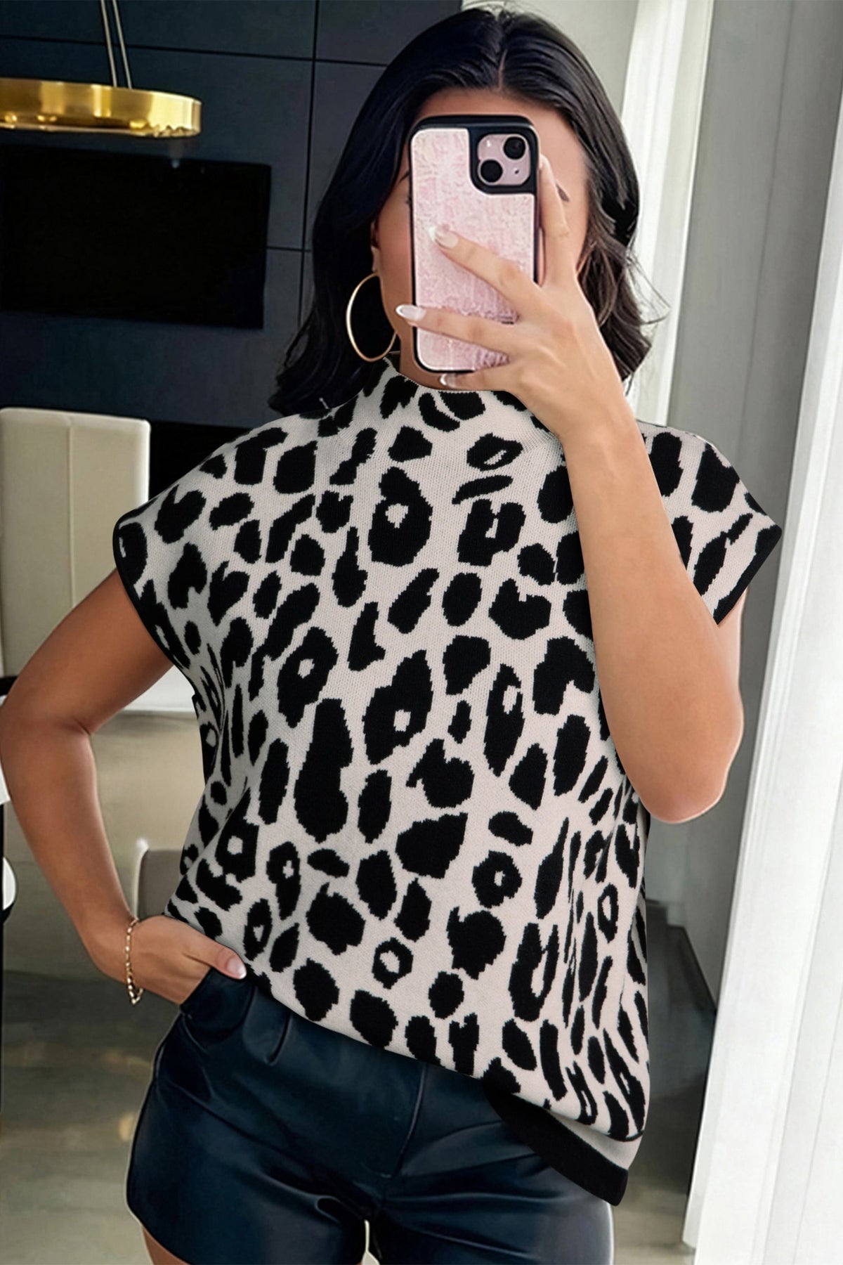 Black Leopard Print High Neck Short Sleeve Sweater