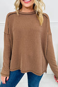Dark Khaki Twist Ribbed Exposed Seam Detail Long Sleeve Loose Top