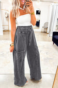 Medium Grey Mineral Wash Lace-up High Waist Raw Hem Patched Pocket Pants
