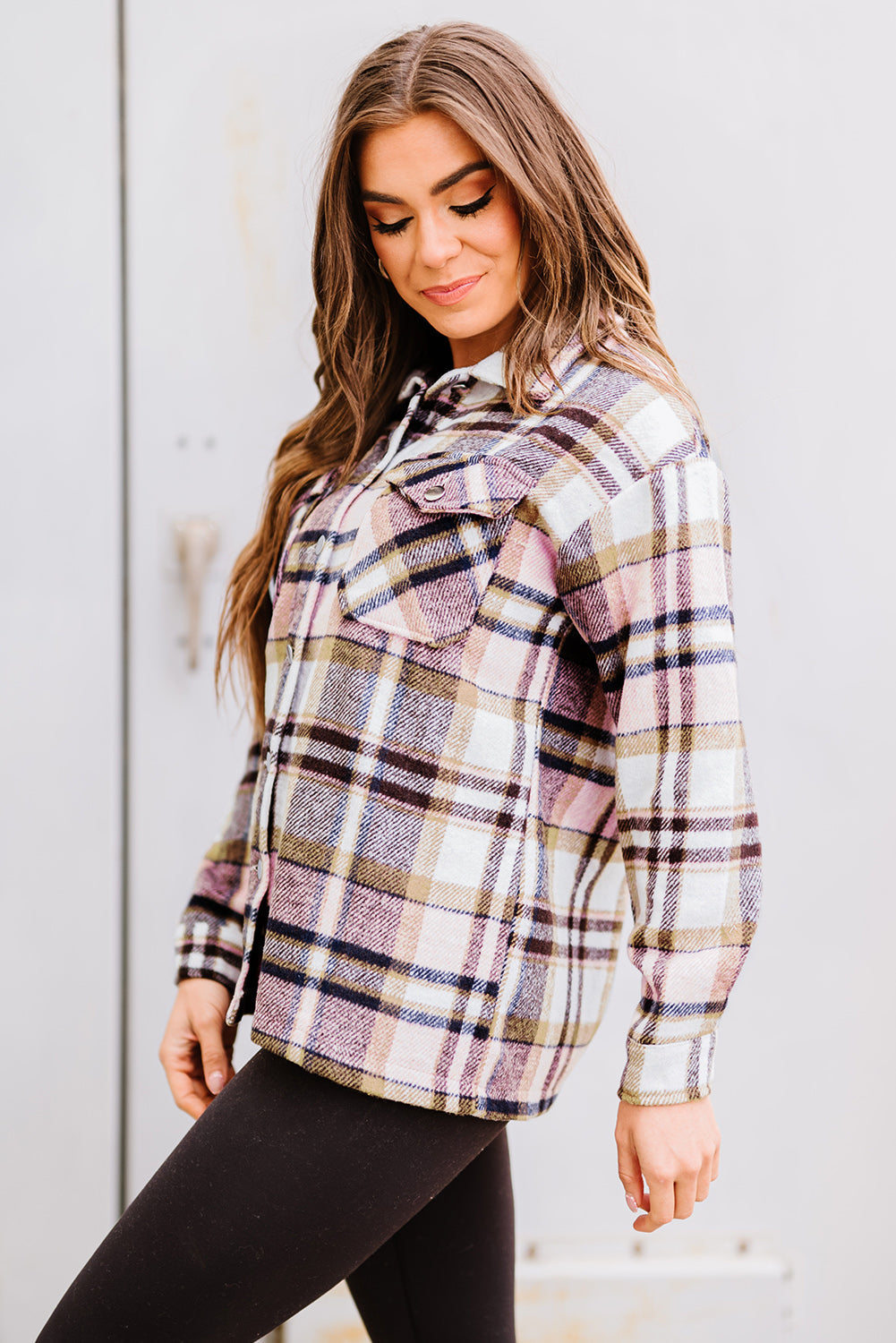 Green Geometric Plaid Print Pocketed Shacket