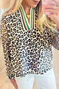 Khaki Leopard Print Long Sleeve Striped V Neck Top