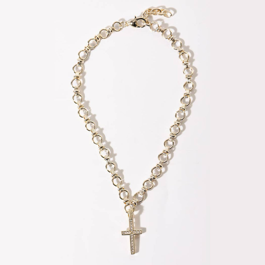 Gold Omega Link CZ Pave Cross Necklace