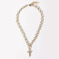 Gold Omega Link CZ Pave Cross Necklace