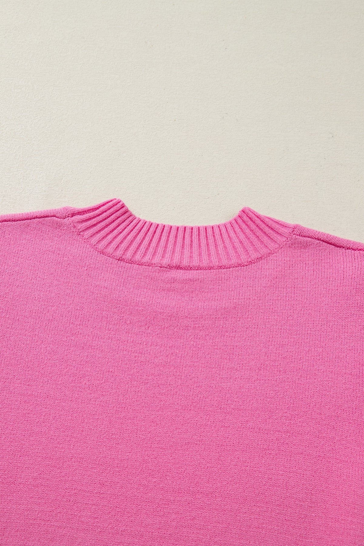 Sachet Pink Solid Color Ribbed Trim Round Neck Ruffle Short Sleeve Sweater
