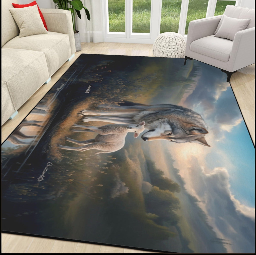 Wolf and Lamb water reflection Christian Area Rug with Black Binding 84"x60"