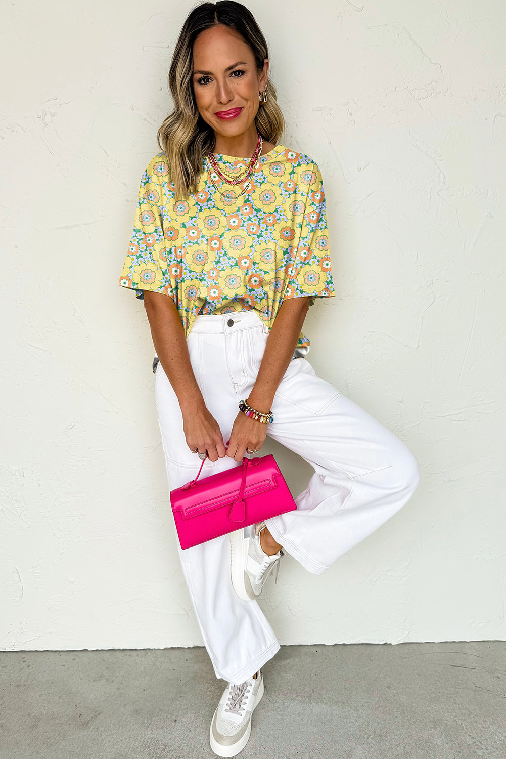 Yellow Summer Flower Print Drop Shoulder Loose T Shirt