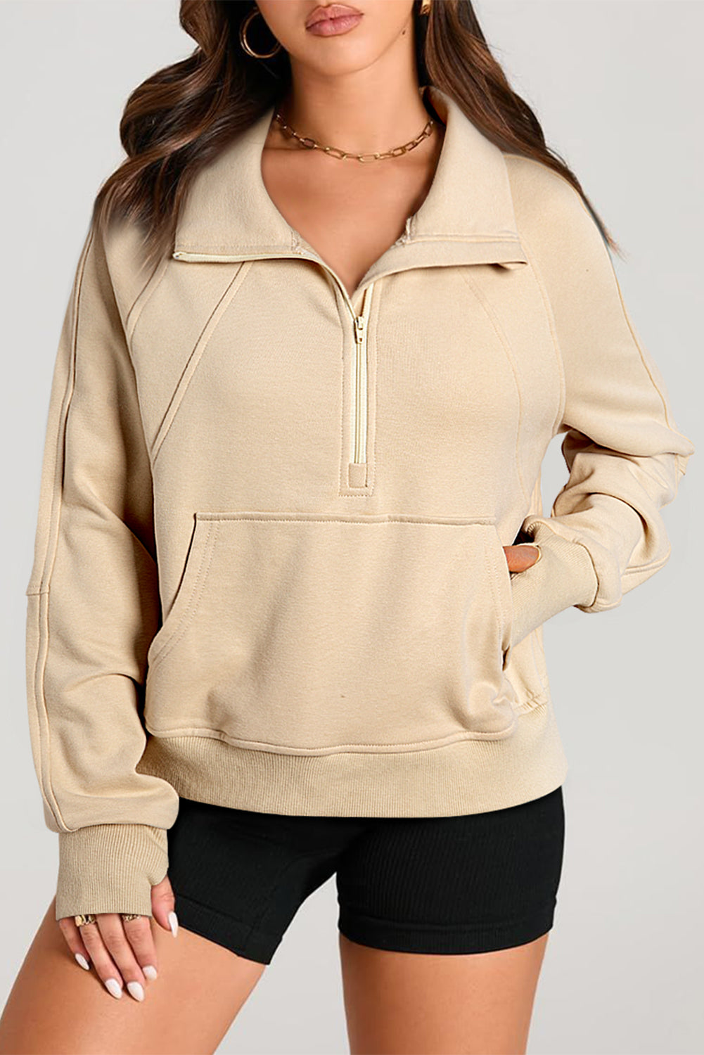 Smoke Green Quarter Zip Stand Neck Kangaroo Pocket Sweatshirt
