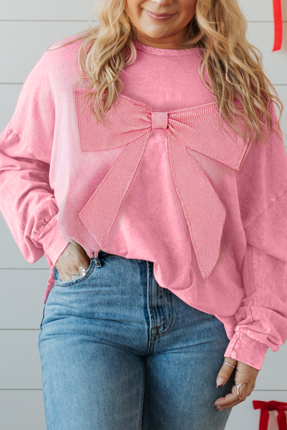 Bonbon Waffle Bowknot Patchwork Mineral Wash Plus Size Top