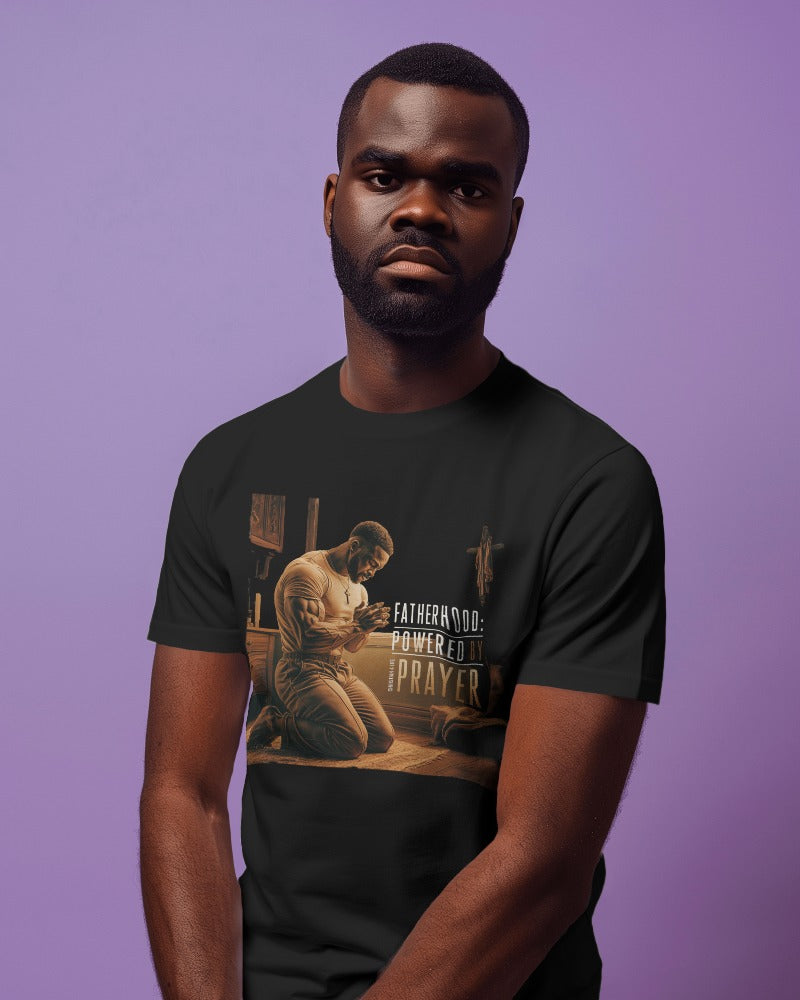 Christian Dad T-shirt "Fatherhood: Powered by Prayer" Heavy Cotton