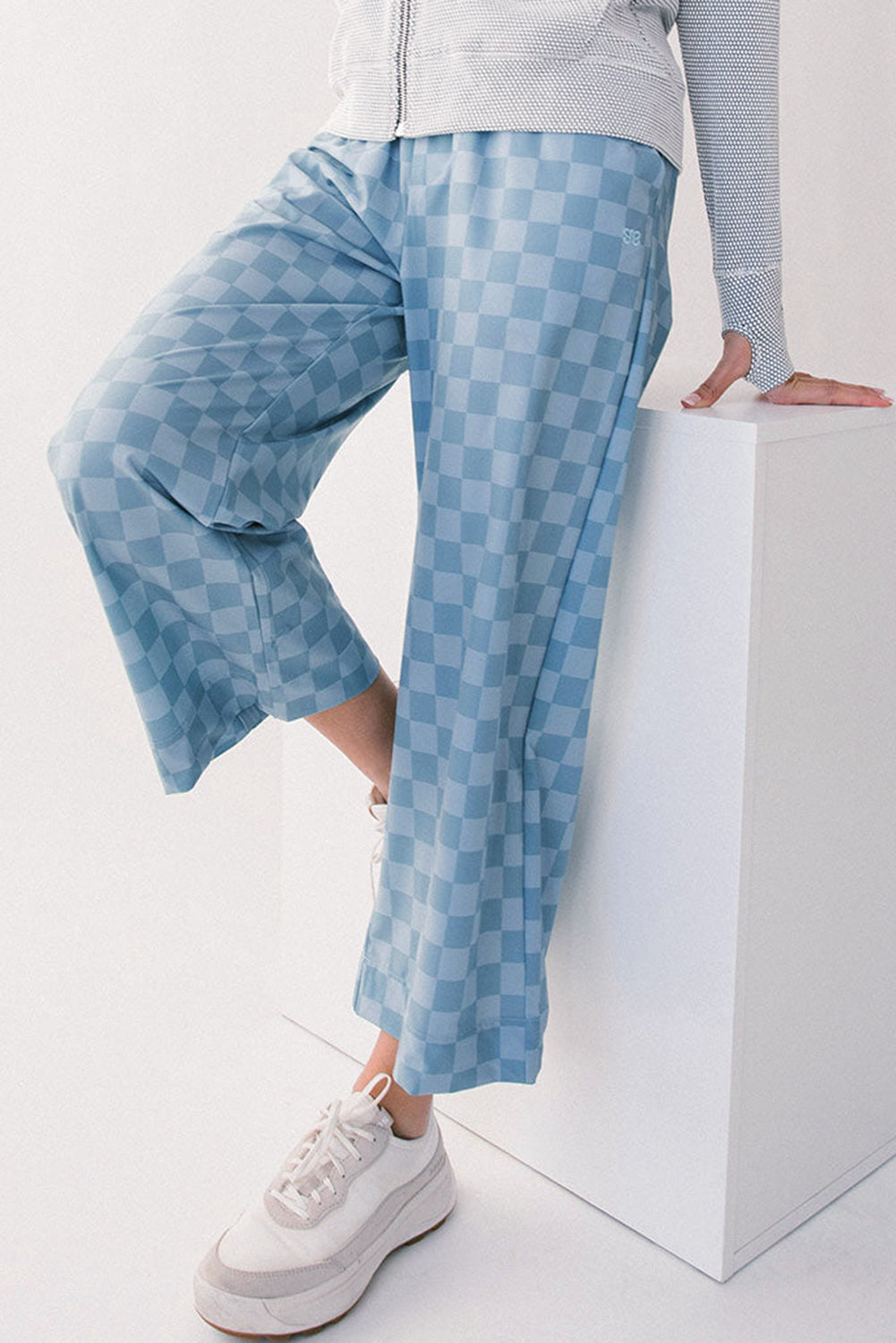 Khaki Tie Elastic Waist Checkered Loose Pants