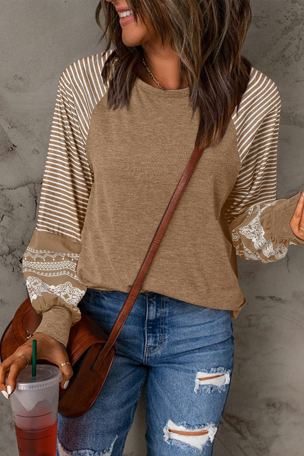 Tillandsia Purple Contrast Print Striped Raglan Long Sleeve Loose Top