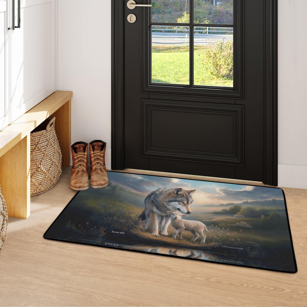 Wolf and Lamb Christian area rug / Mat 31" x 20" (choose from 3 designs) with Black Binding