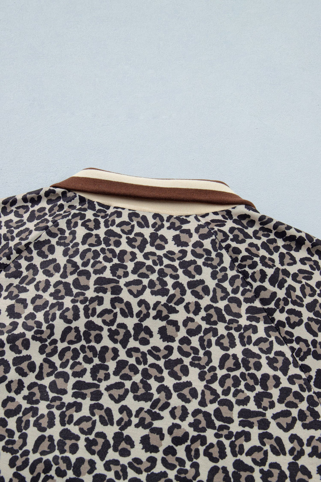 Khaki Leopard Print Half Zip Striped Trim Patchwork Short Sleeve Top