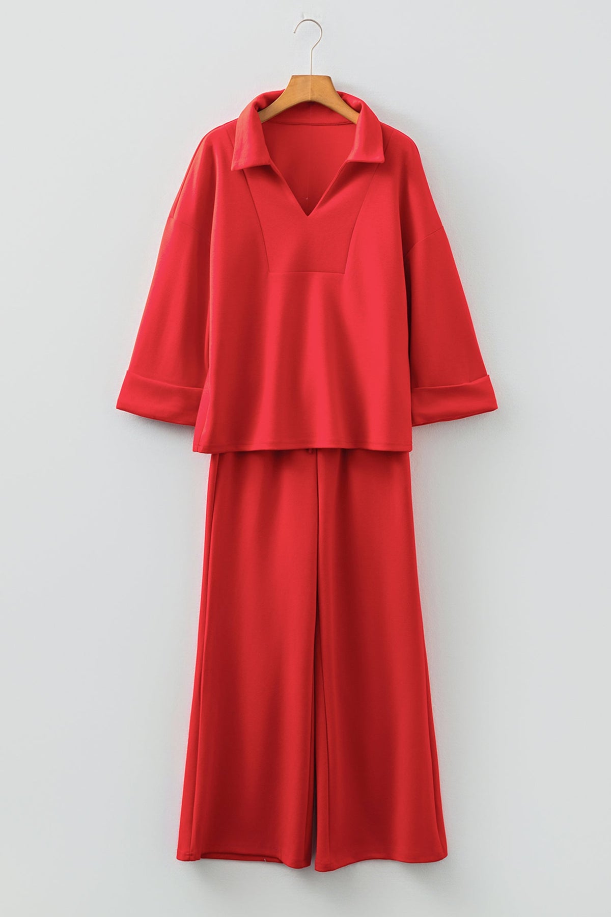 Fiery Red Polo Collar V Neck 3/4 Sleeve Pullover Drawstring Bell Bottom Pants 2pcs Set