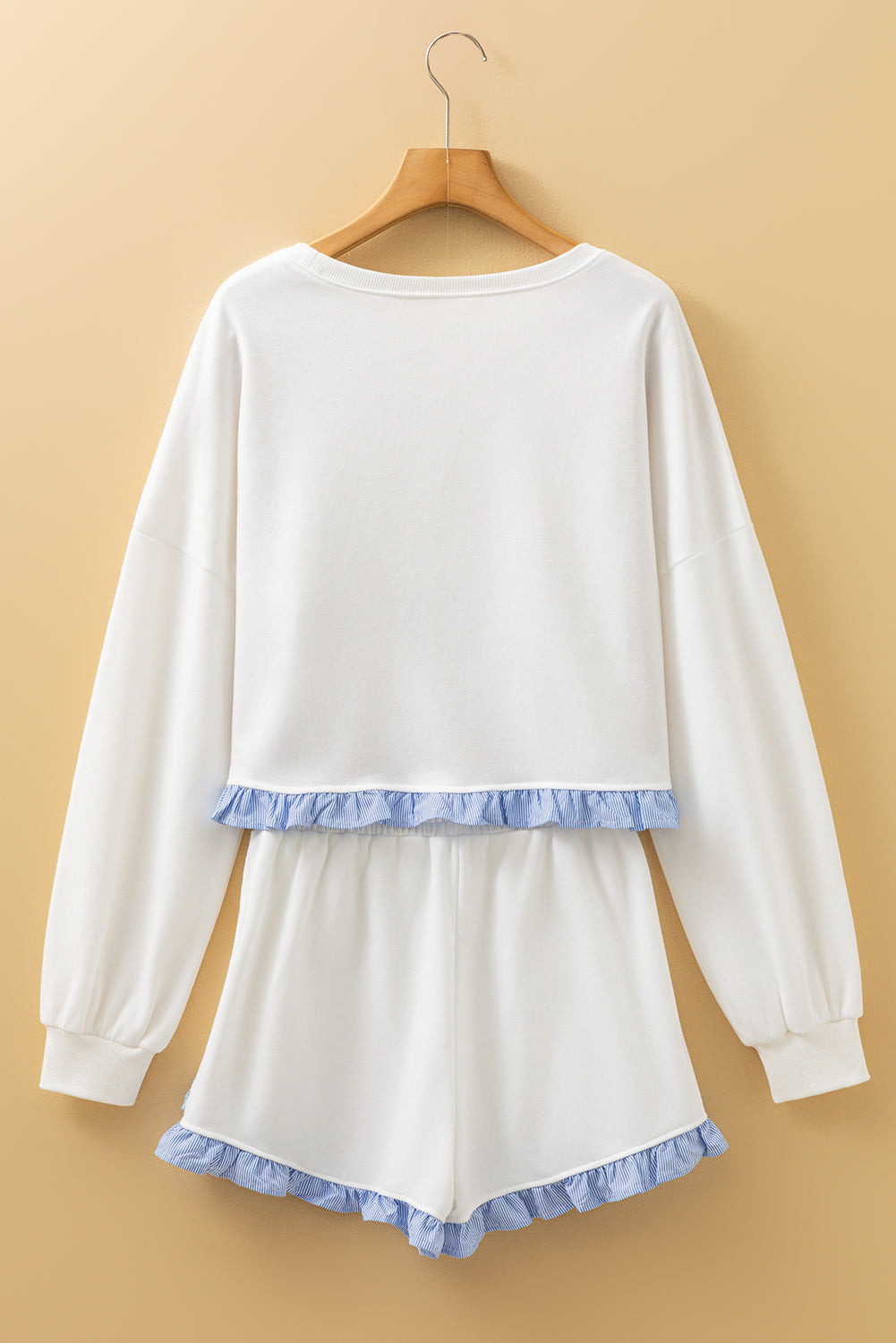 Yellow Cream Plaid Ruffled Patchwork Drop Shoulder Pullover and Drawstring Elastic Waist Shorts Matching Set