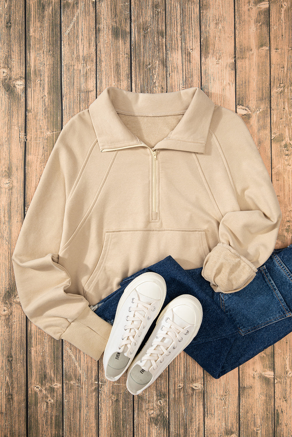 Smoke Green Quarter Zip Stand Neck Kangaroo Pocket Sweatshirt