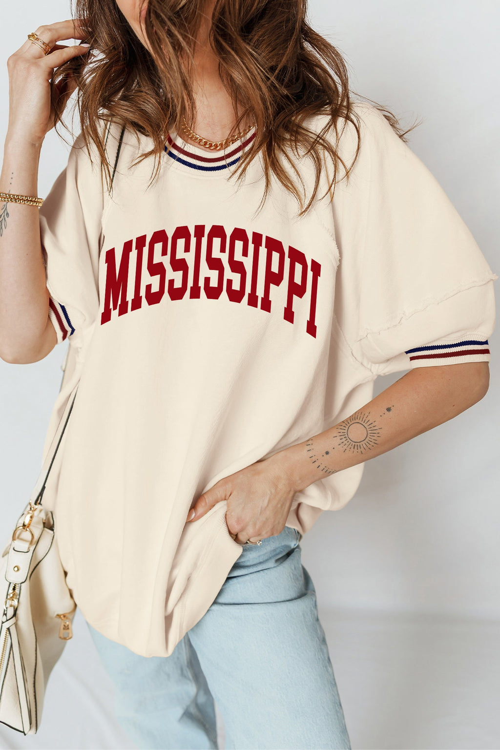 Beige MISSISSIPPI/ MS Reversible Printed Preppy Short Sleeve Top