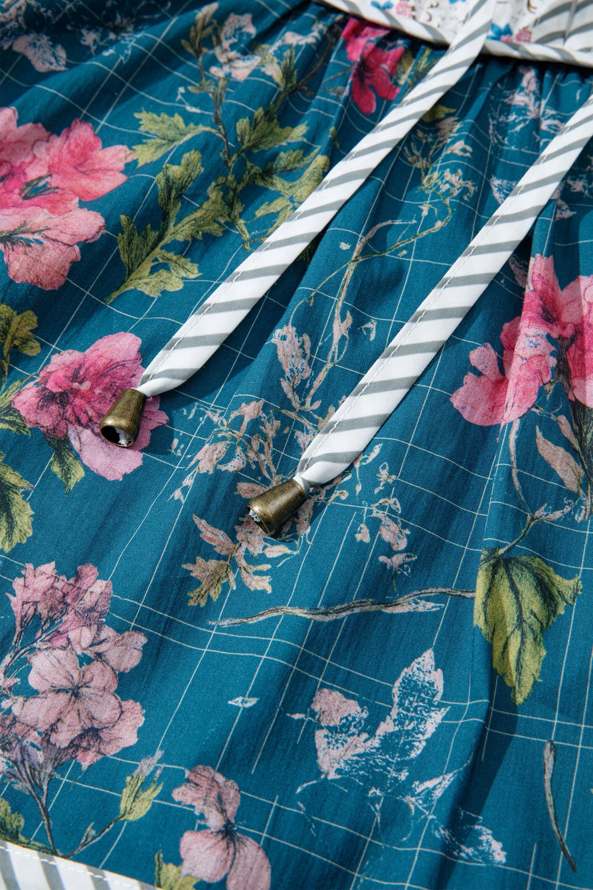 Sky Blue Floral Print Contrast Yoke Patchwork Striped Trim Long Puff Sleeve Blouse