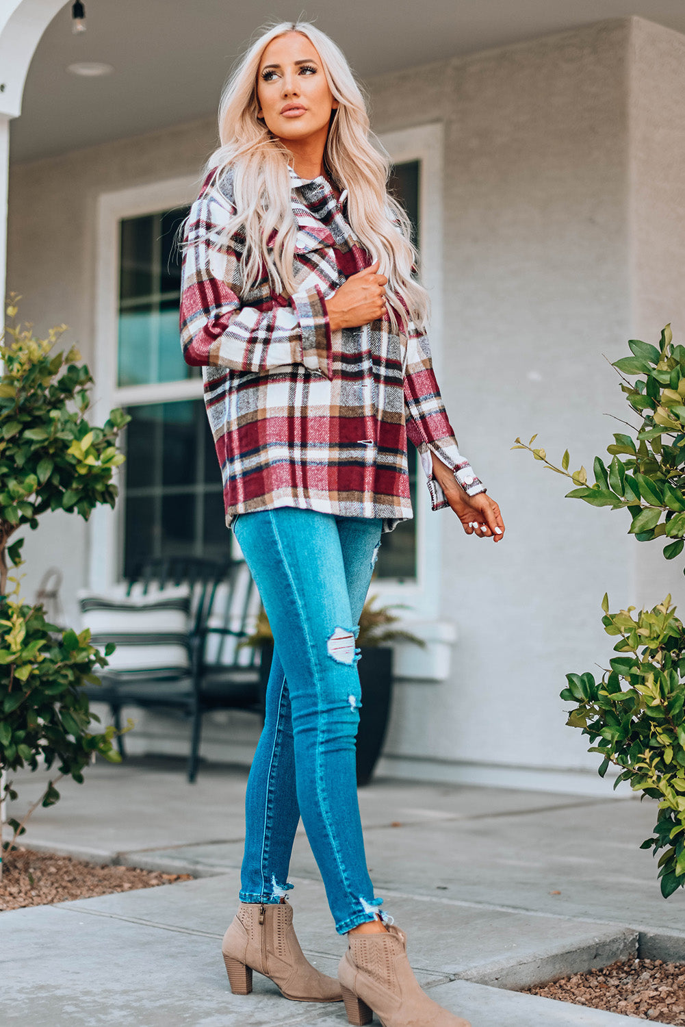 Green Geometric Plaid Print Pocketed Shacket