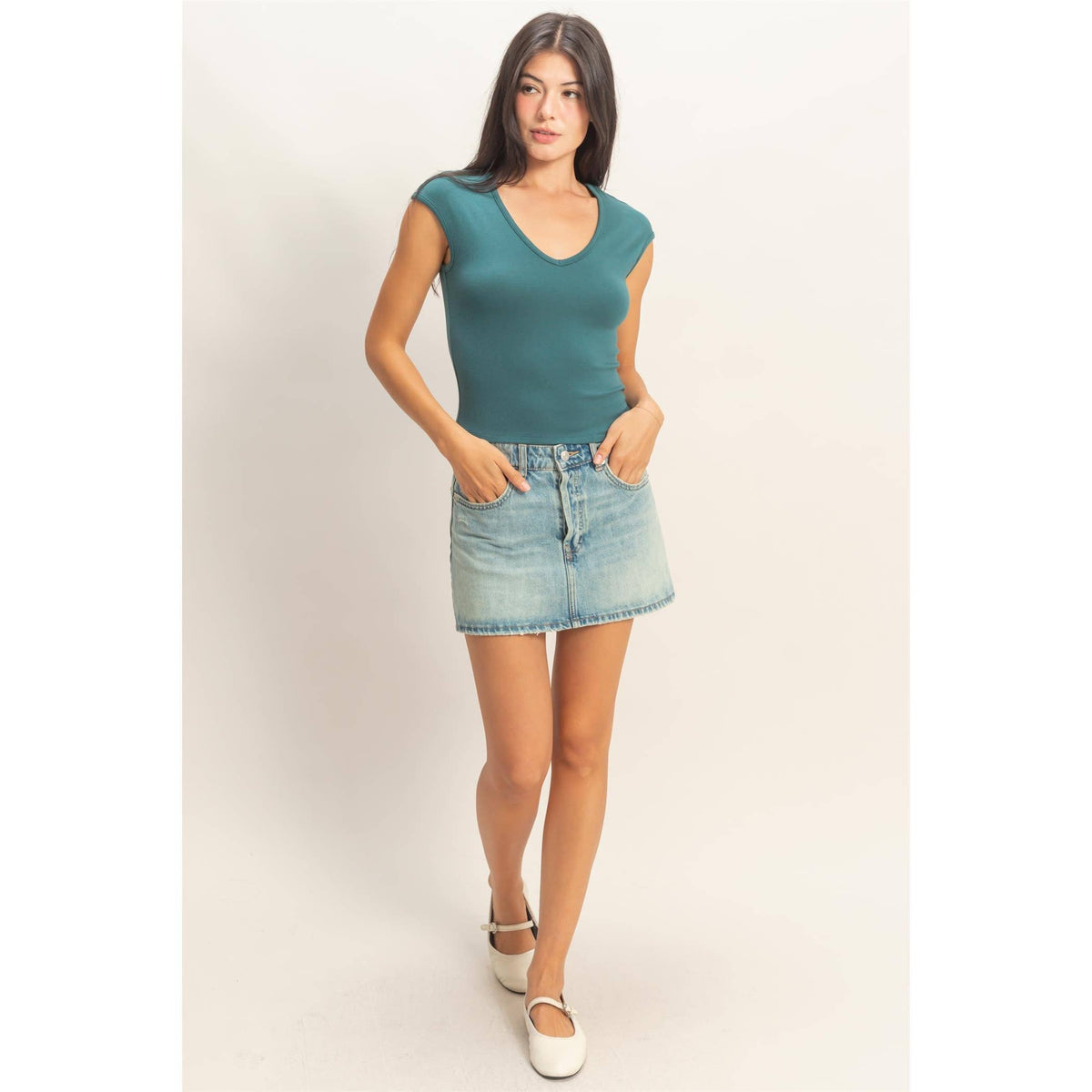 Indie V-Neck Cap Sleeve Top
