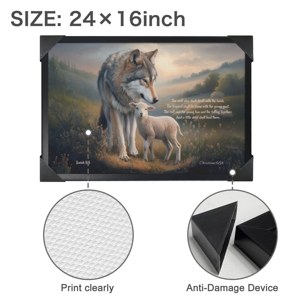 Framed - Wolf and Lamb with Isaiah 11:6 Quote, Christian Canvas, Black Frame