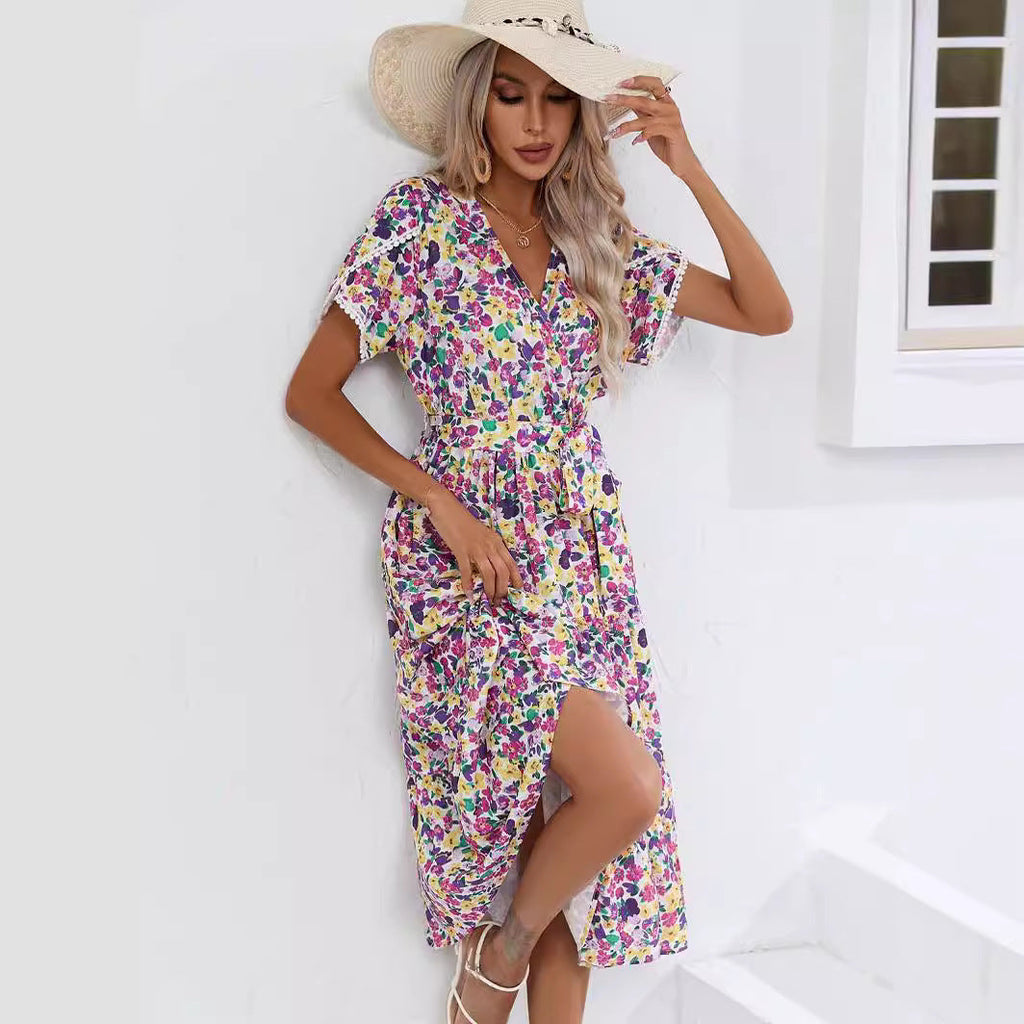 Women's Summer Floral Split V-neck Dress
