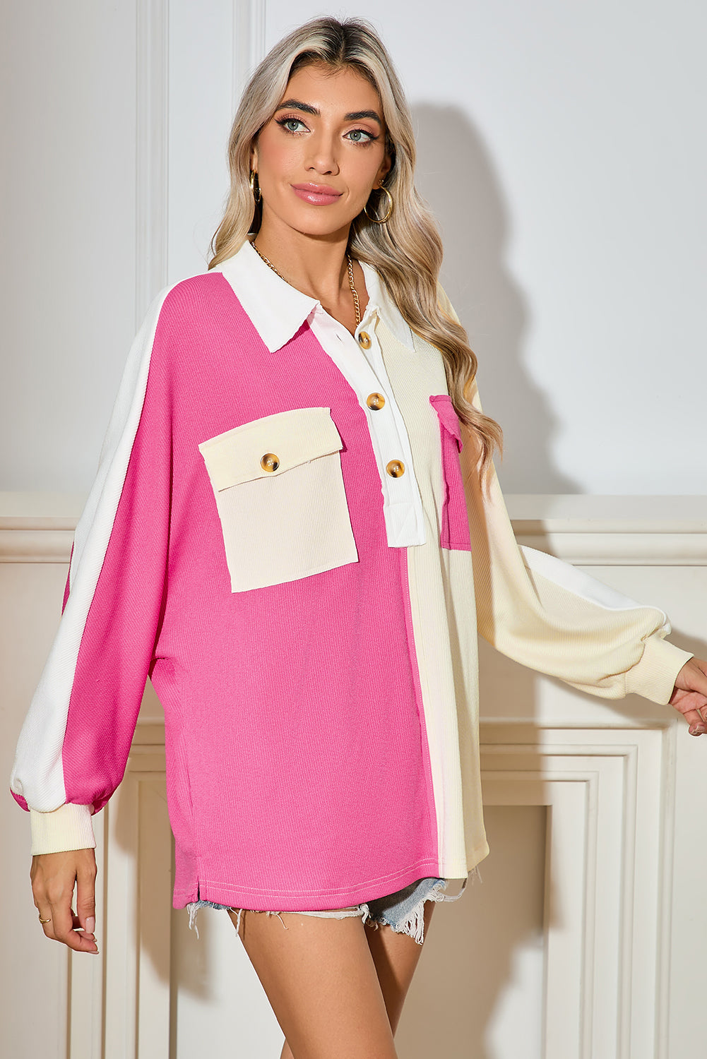 Gray Colorblock Patchwork Ribbed Oversized Henley Sweatshirt