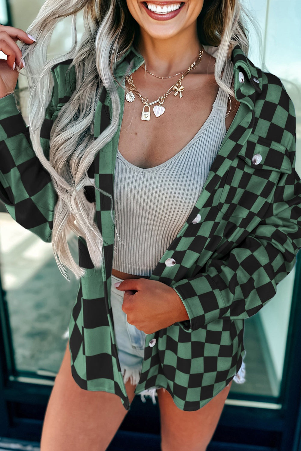 Green Checkerboard Flap Pocket Button Front Shacket