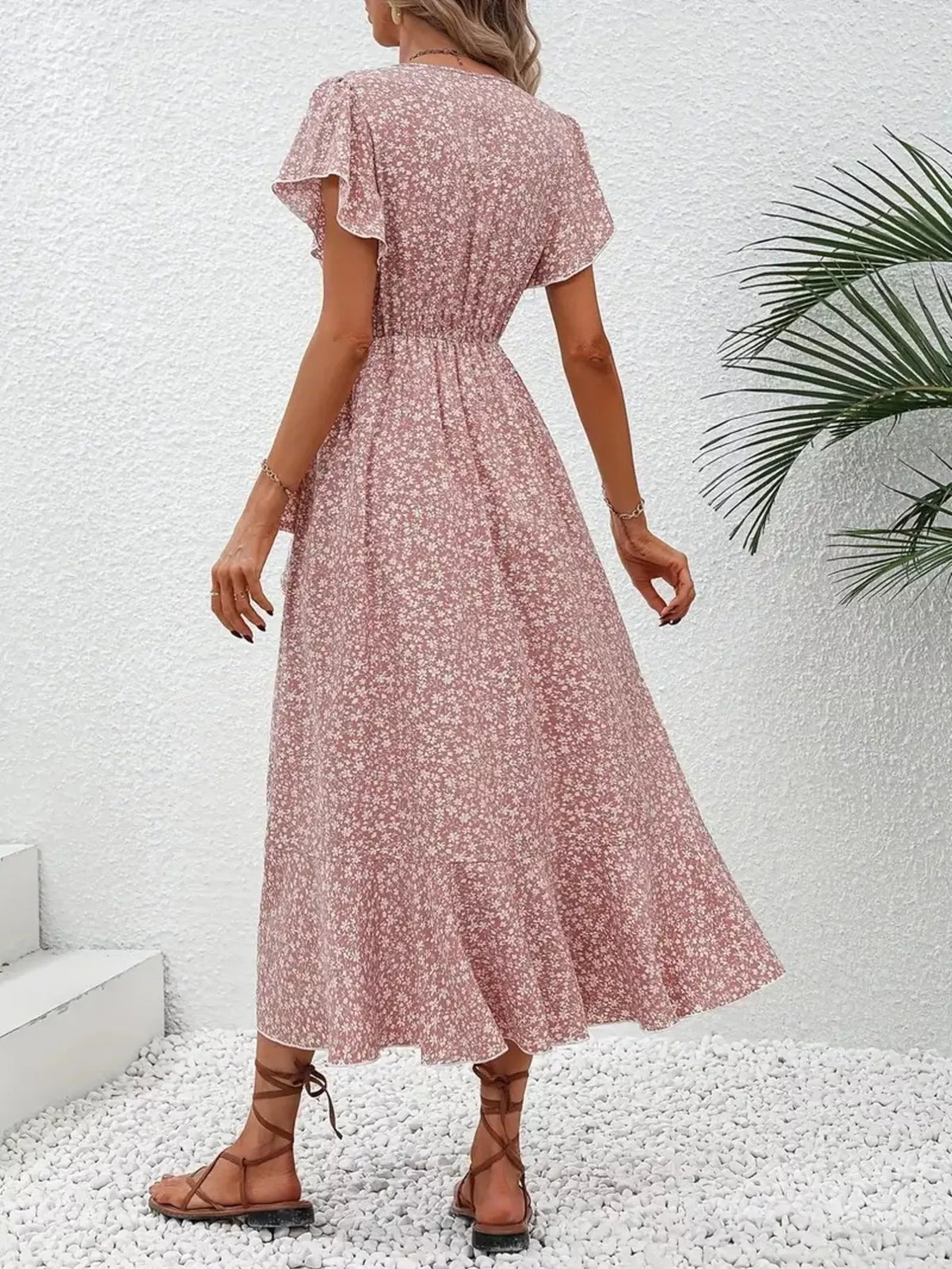 Floral Print Ruffle Hem Wrap Midi Dress