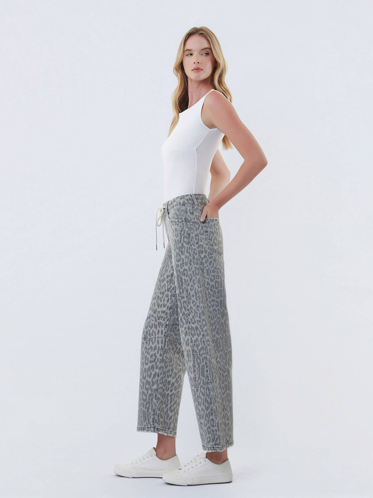 Kate Grey Leopard Barrel Drawstring Jeans