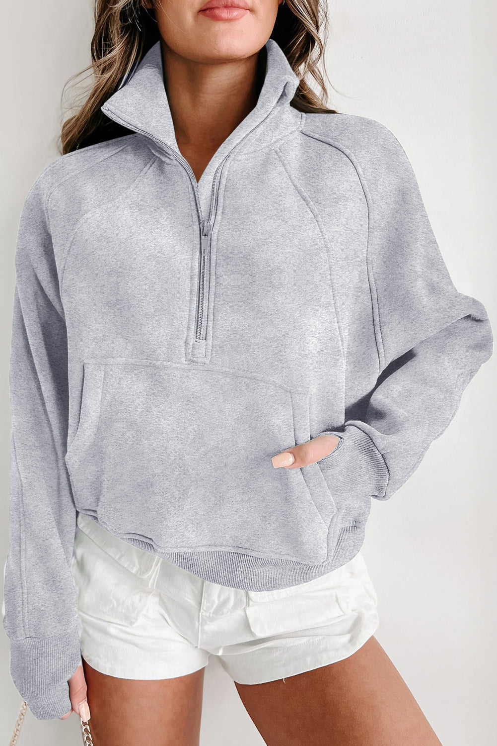 Smoke Green Quarter Zip Stand Neck Kangaroo Pocket Sweatshirt