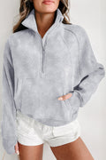 Smoke Green Quarter Zip Stand Neck Kangaroo Pocket Sweatshirt