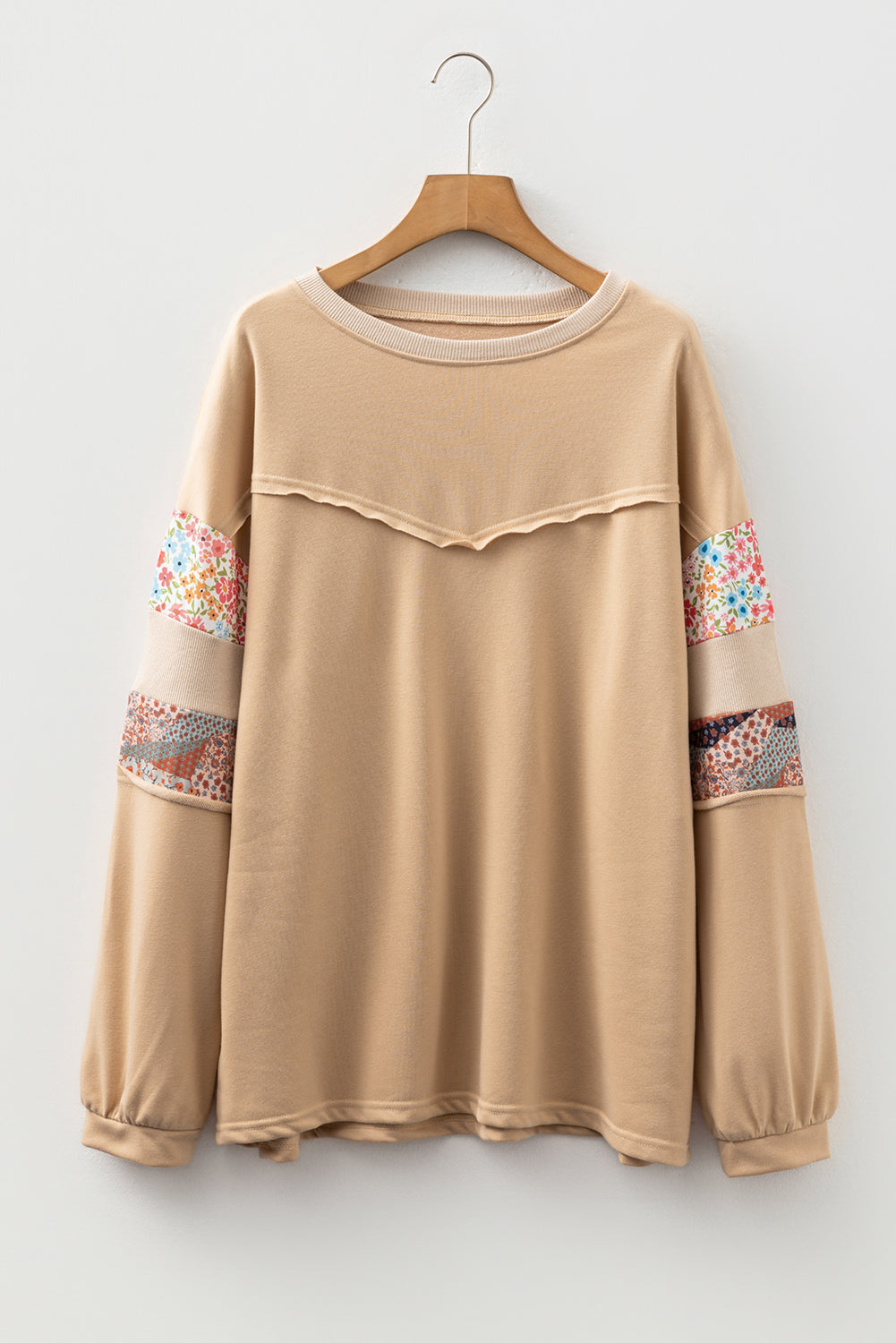 Khaki Exposed Seam Floral Mixed Patchwork Plus Size Top
