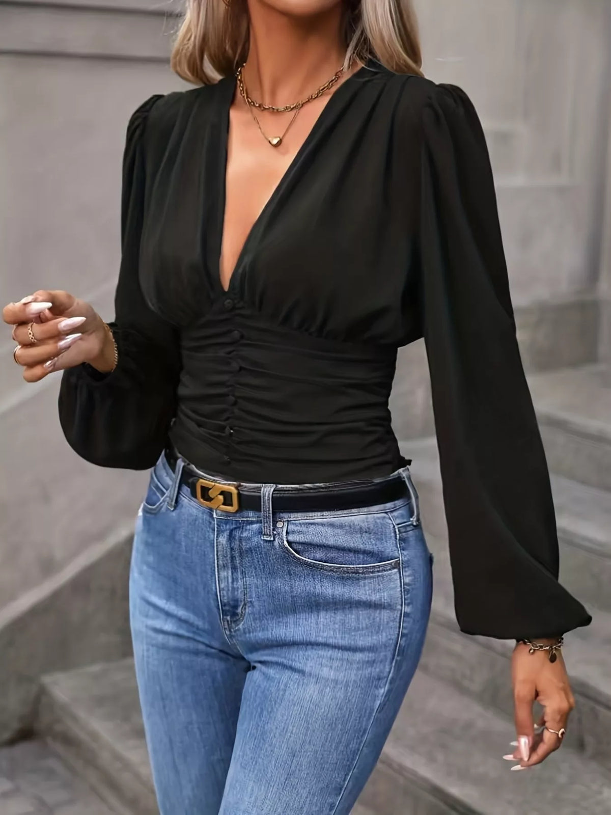 V-Neck Ruched Long Sleeve Blouse
