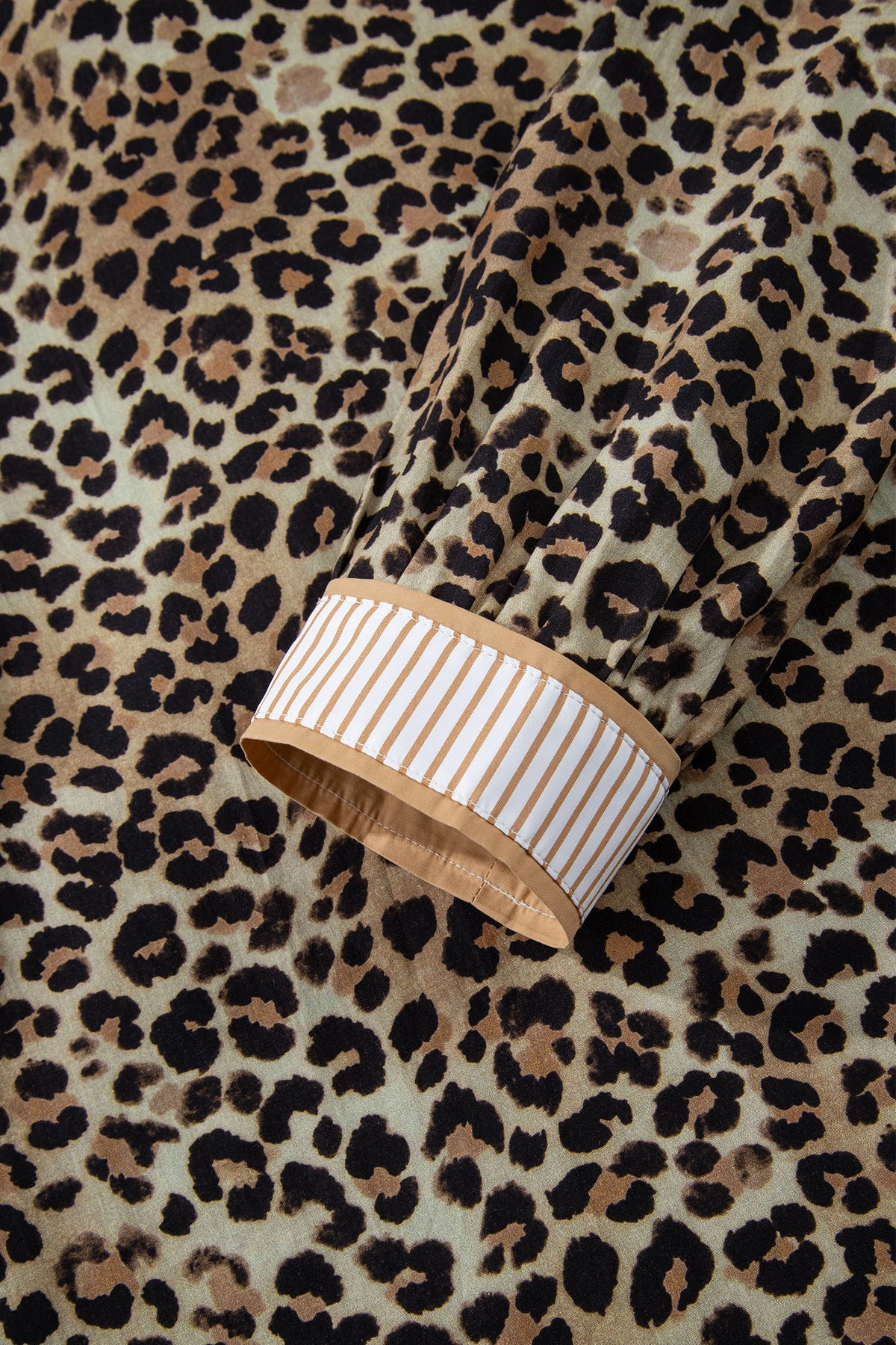 Khaki Contrast Striped Trim V Neck Leopard Shirt