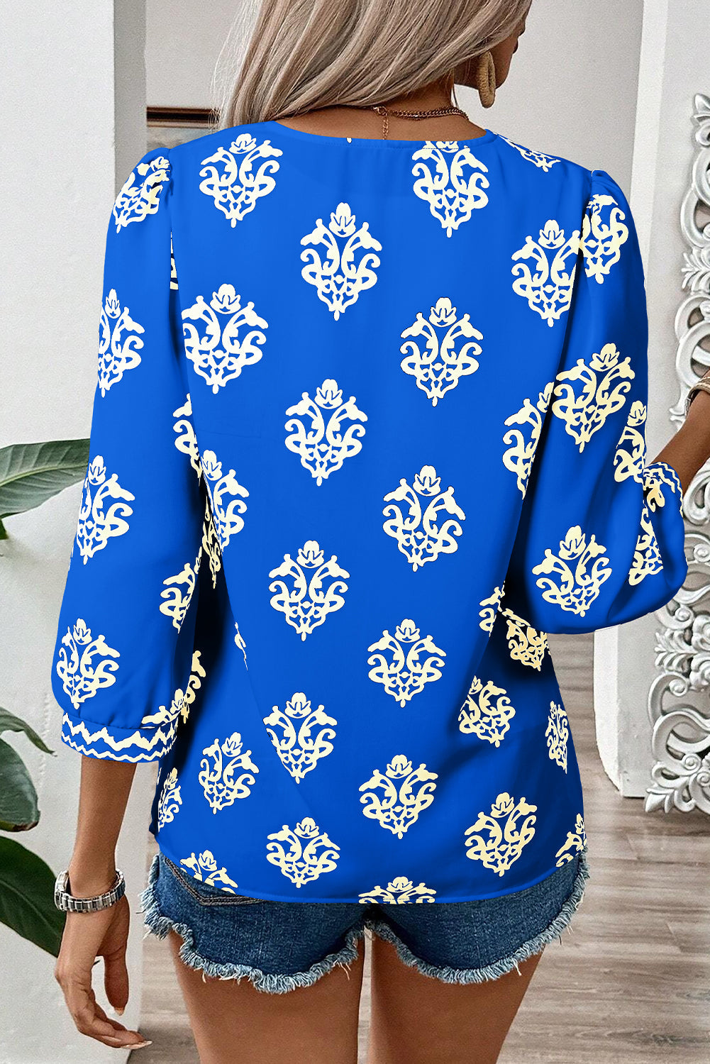Green Damask Floral Print Contrast V Neck 3/4 Sleeve Blouse