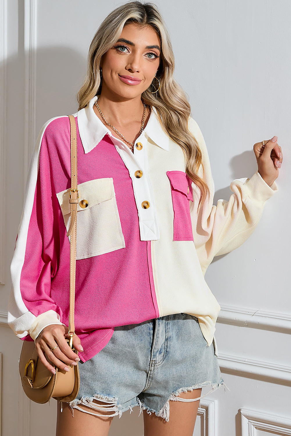 Gray Colorblock Patchwork Ribbed Oversized Henley Sweatshirt