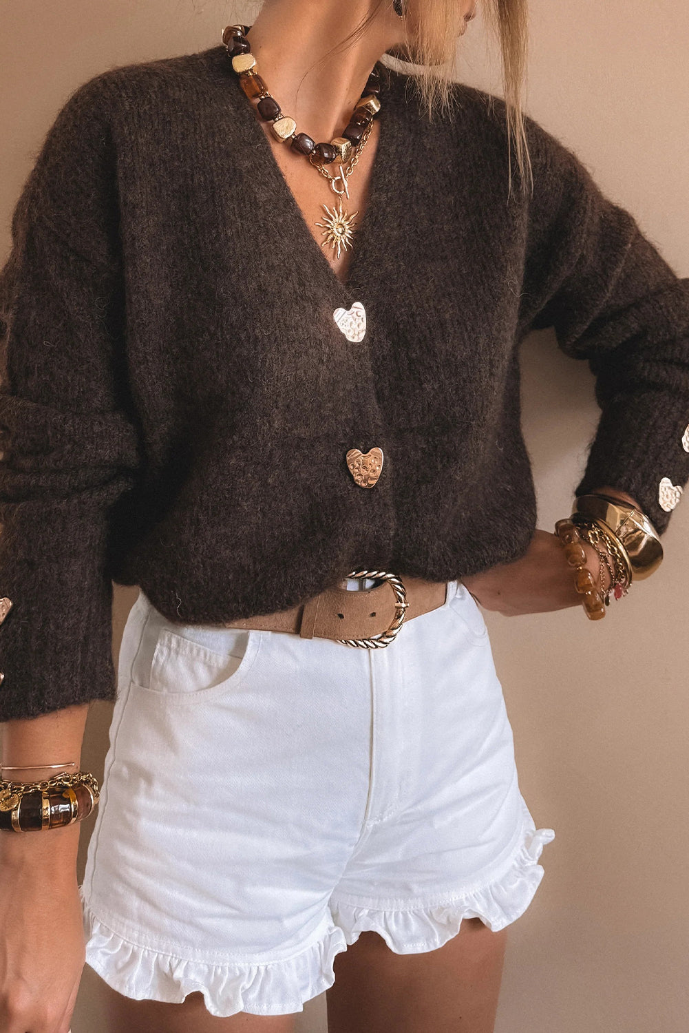 Fiery Red Heart Metal Button V Neck Cardigan Sweater