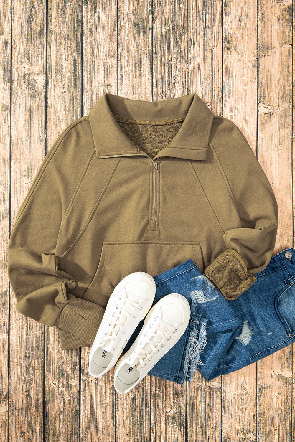 Smoke Green Quarter Zip Stand Neck Kangaroo Pocket Sweatshirt