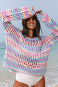 Beau Blue Multi Stripe Open Knit Sweater Beach Cover Up