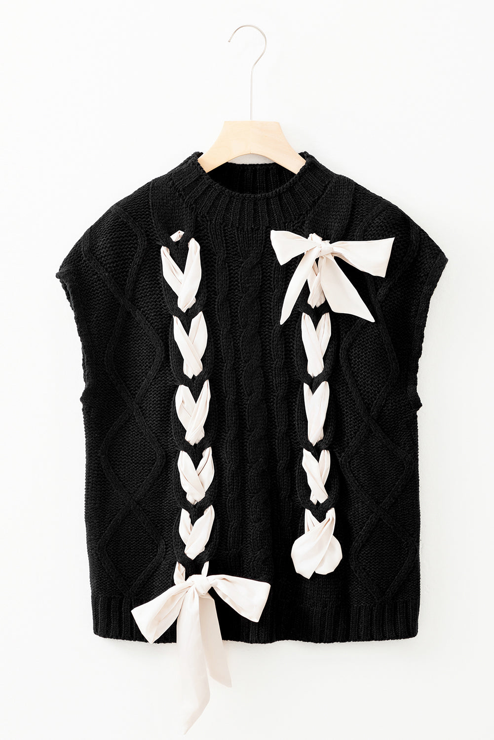 White Cable Knit Colorblock Satin Bowknot Short Sleeve Sweater