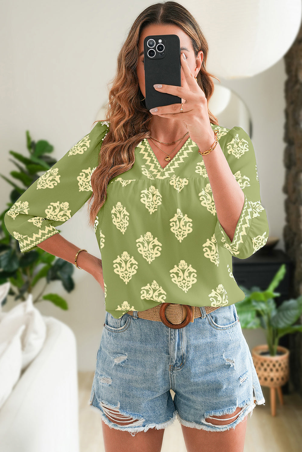 Green Damask Floral Print Contrast V Neck 3/4 Sleeve Blouse