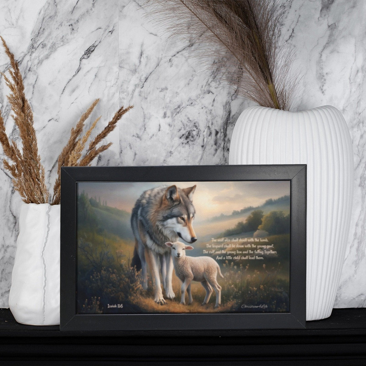 Framed - Wolf and Lamb with Isaiah 11:6 Quote, Christian Canvas, Black Frame
