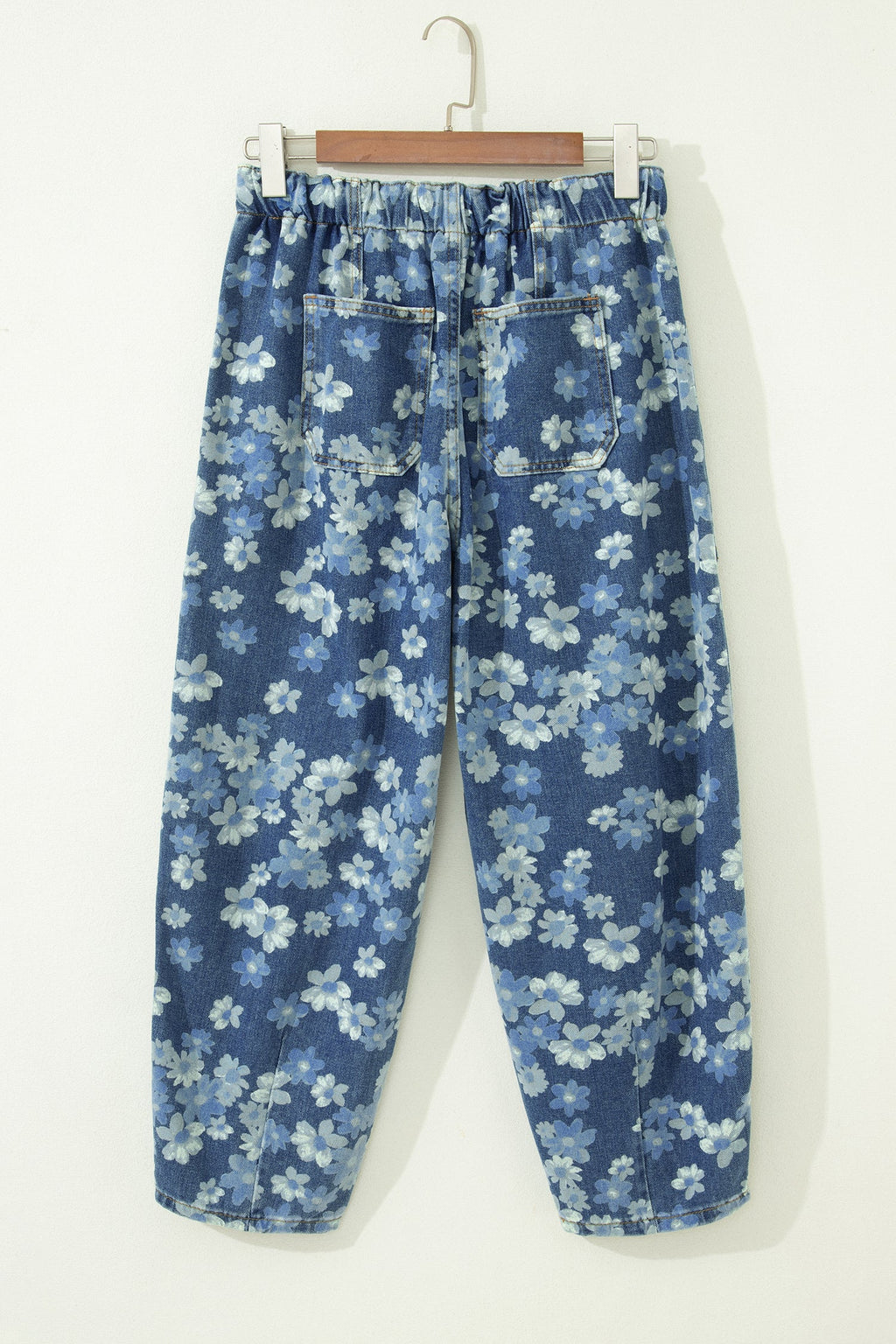 Sky Blue Dainty Floral Printed Drawstring Barrel Jeans
