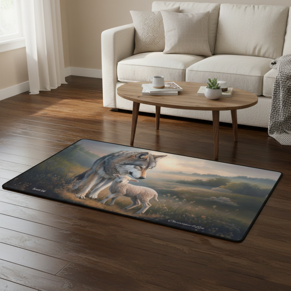 Wolf and Lamb Christian area rug / Mat 31" x 20" (choose from 3 designs) with Black Binding